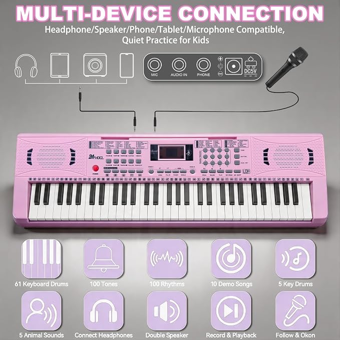 61 Key Keyboard Piano, Digital Kids Piano Keyboard with Stand, Gift for Early Education Children, Pink