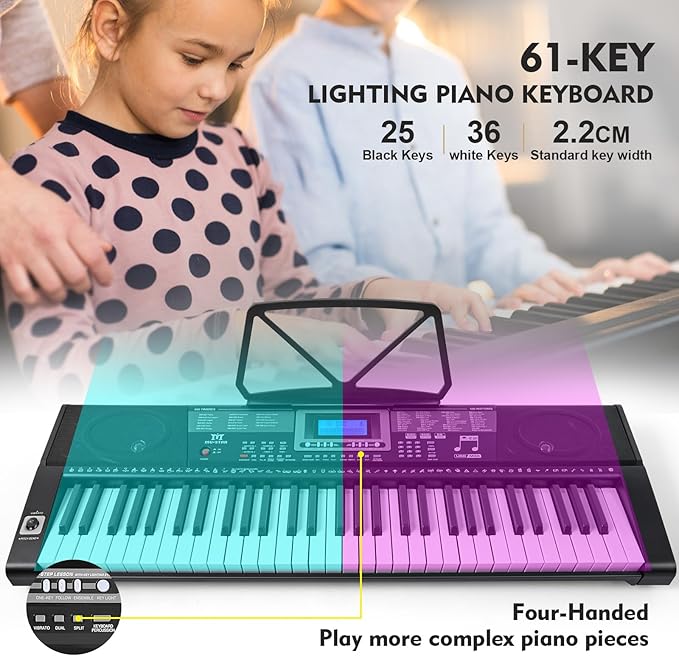 MUSTAR Piano Keyboard, MEKS-500 61 Key Learning Keyboard Piano with Lighted Up Keys, Electric Piano Keyboard for Beginners, Stand, Pedal, Headphones/Microphone, USB Midi, Joystick, Built-in Speakers