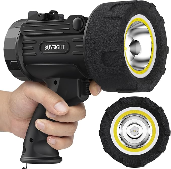BUYSIGHT Rechargeable Spotlight Flashlight, TURE 1600 high lumens Hand held Spotlight Waterproof Flashlight Hunting floodlight with red Filter (Graphite Black-COB)