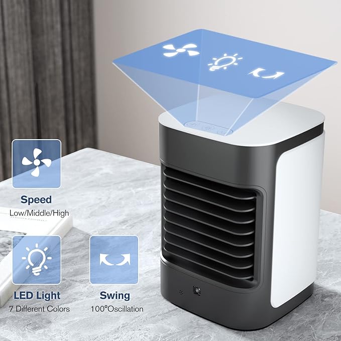 Evaporative Portable Air Cooler, 100° Oscillating Mini Air Conditioner, 3 Speeds, 7 Color LED Lights, USB Powered, Personal Mini Fan For Bedroom Table Office Outdoors