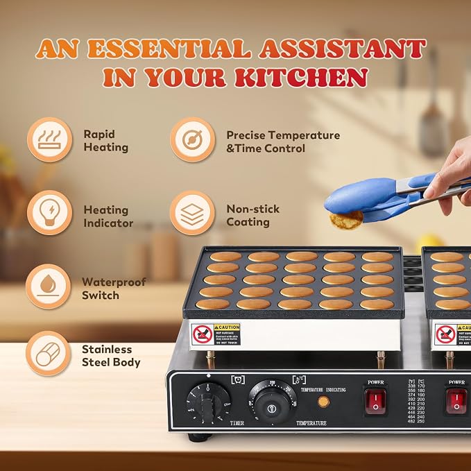 Moongiantgo Mini Pancake Maker Dual Plate 50pcs for Dessert Non-Stick Electric Dutch Pancake Baker Stainless Steel, Poffertjes Dorayaki Machine with Temp&Time Control for Snack Home Restaurant, 110V