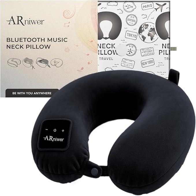 Bluetooth Music U Shaped Neck Pillow Wireless Bluetooth Speaker Memory Foam Suitable Airplane,Bus,Train,Car,Office,and Outdoor Camping The Best Travel Essentials. (Black)