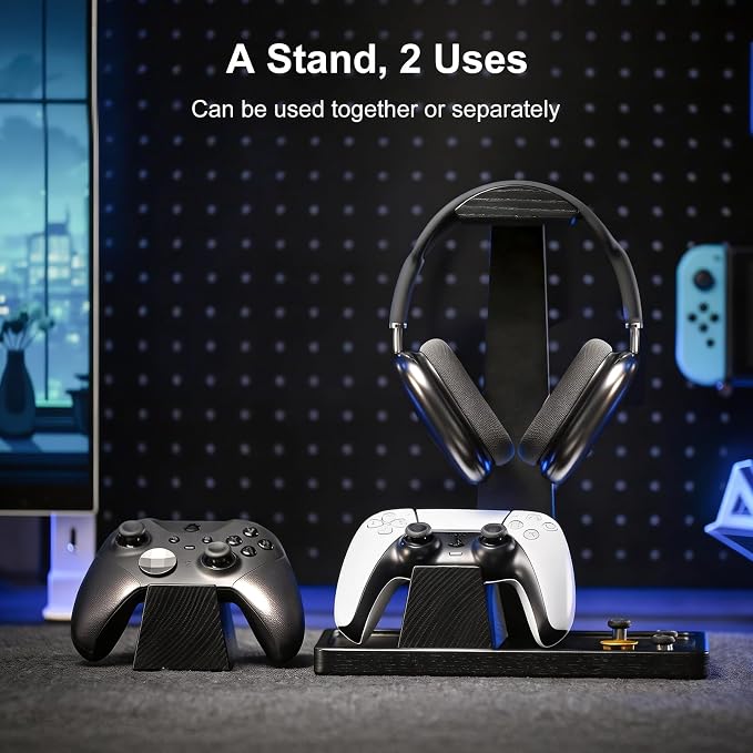 UPERGO Headset Stand with 2 Controller Holders - Solid Wood & Metal Gaming Headphone Holder for Switch, Controllers, and Desk Accessories (Black)