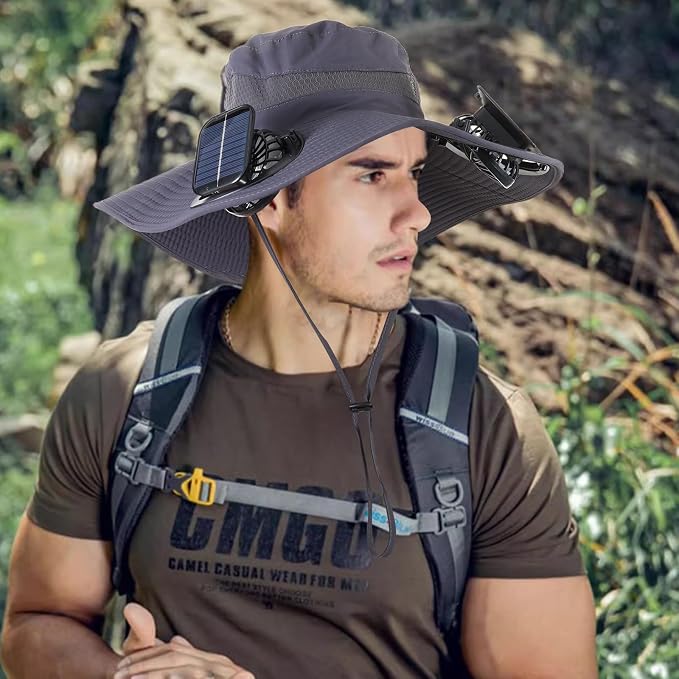 Outdoor Solar Powered Fan Hat for Men Women Breathable Wide Brim Hat with 2 Fans UPF 50+ Fishing Hat Beach Bucket Sun Hat