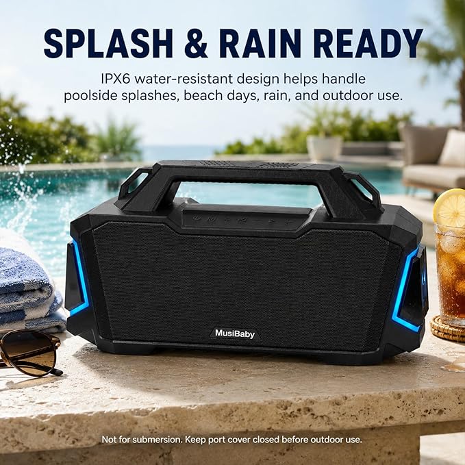 Musibaby 80W Portable Bluetooth Speaker, Loud Bass, IPX6 Waterproof, Black | Workshop, tailgate, RV, projector nights, fishing trips, boat deck, cookouts, USB music, AUX input, and room-filling audio.