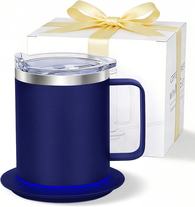 Self Heating Coffee Mug, USB Heated Coffee Mug Warmer Set with Lid, 131°F Keep Warm Cup for Home Office, (Royal Blue-12oz)