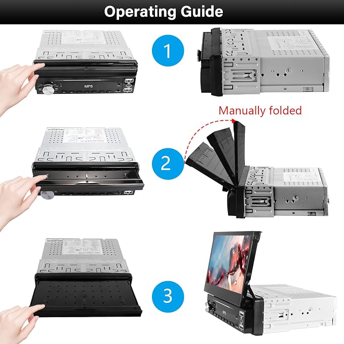 Single DIN Touchscreen Radio, Flip Up Screen Car Stereo with Bluetooth, Flip Out Single DIN Radio Supports MirrorLink, FM Radio, EQ, 1080P, USB, Aux-in HD Backup Camera & SWC for Car Audio Upgrade