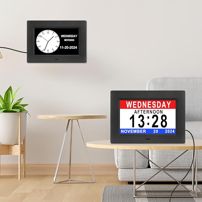 Johnziny 7 Inch Digital Clock with Day and Date for Elderly Large Display Digital for Elderly Dementia Clock Alarms, 12 Alarms and 8 Tags,4 Colors Display Calendar Alarm Clock(Black)