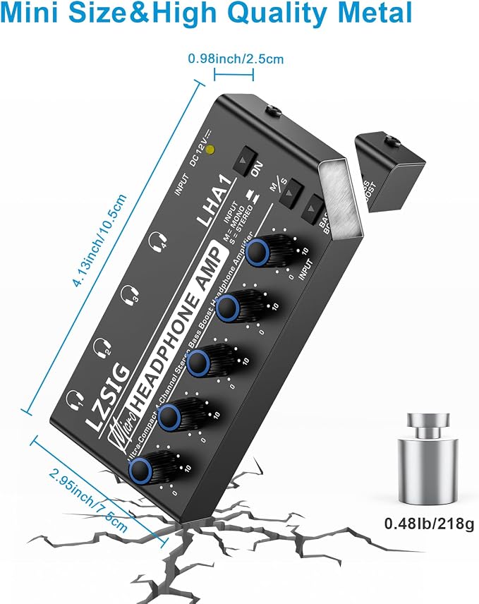 LZSIG Headphone Amplifier 4 Channel, Metal Stereo Audio Amplifier with Bass Boost, Mini Earphone Splitter with Power Adapter, 1/4" & 1/8" TRS Headphones Output & TRS Audio Input, DC 12V