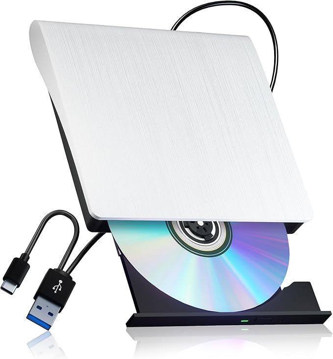External CD/DVD Drive for Laptop PC CD DVD Player USB 3.0 Portable Optical Drive CD Burner Compatible with Windows 10 11 Linux Mac OS (White)
