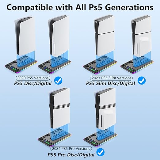 BRHE PS5/Slim/Pro Cooling & Charging Station with Cooling Fan,PS5/Slim/Pro Stand for Disc & Digital Console,PS5 Controller Charger,PS5 Accessories with 3 Charging Ports,Headset Holder
