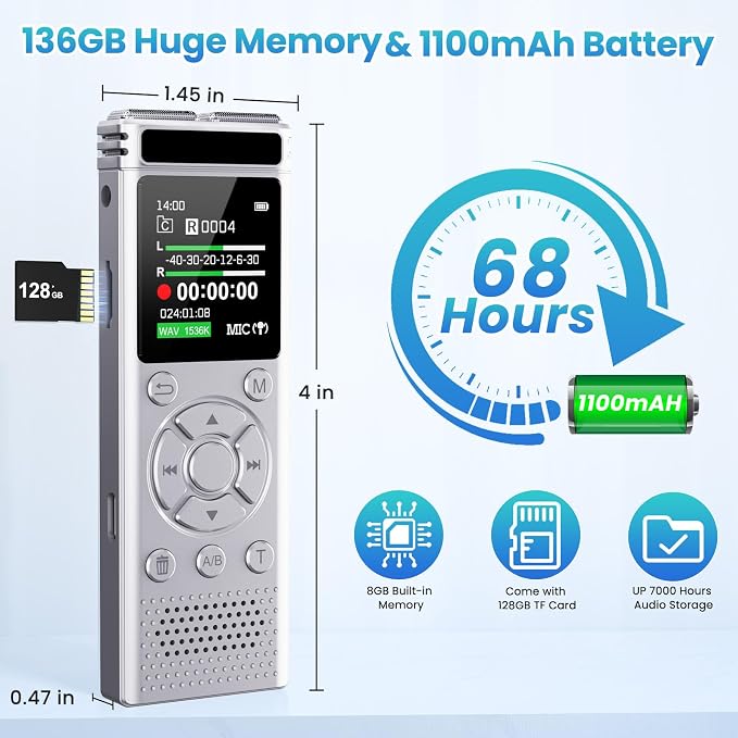 136GB Digital Voice Recorder with Playback,9000 Hours Audio Recording Device,Voice Activated Recorder with Noise Reduction,A-B Repeat,Mp3 Player&Password for Lectures/Meeting/Classes/Interviews,Silver