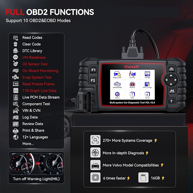 iCarsoft VOL V2.0 OBD2 Scanner for Volvo/SAAB, Auto in-Depth Full Systems Scan OBD2 Diagnostic Tool, 118 Graph Data/Battery Test/Reset, ABS SRS Engine Transmission Code Reader