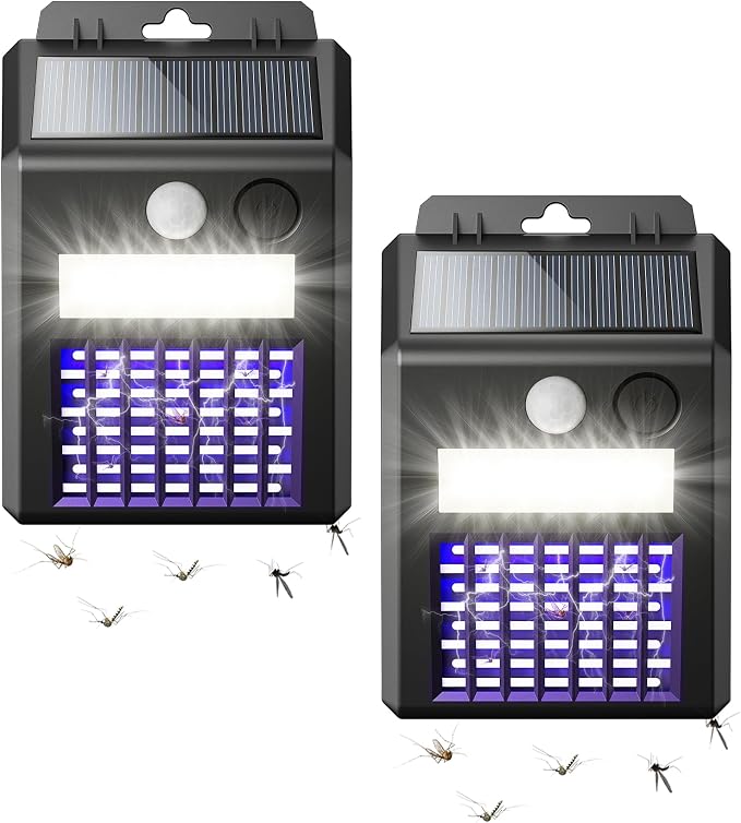 Solar Bug Zapper Outdoor - 2-in-1 Waterproof Cordless Mosquito Zapper with 3 Modes, Motion Sensor Light & UV Light, Rechargeable Mosquito Killer Lamp for Patio Yard Garden (Black)