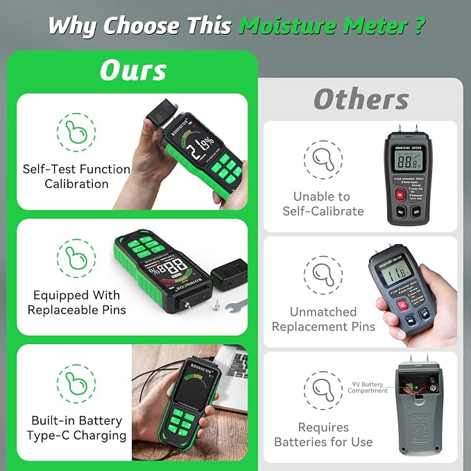 RDINSCOS Rechargeable Moisture Meter for Wood, Walls & Hardwood | Pin-Type Digital Moisture Tester, Large Color Display, Automatic Alarm, Calibration & HOLD Function for Firewood,Lumber