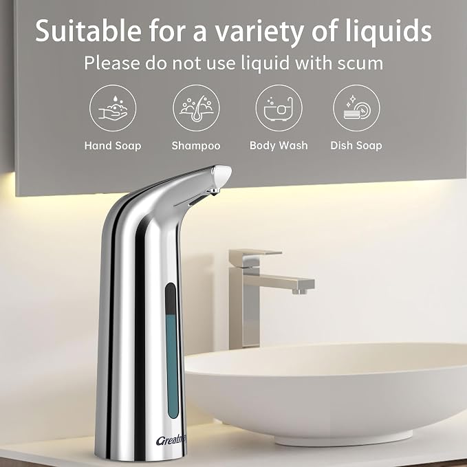 Convenient Automatic Soap Dispenser,4 Adjustable Levels Touchless Hand Sanitizer Pump with Infrared Sensor, 400 ml Countertop Electric Soap Dispenser for Bathroom,Kitchen (Silver+Silver)