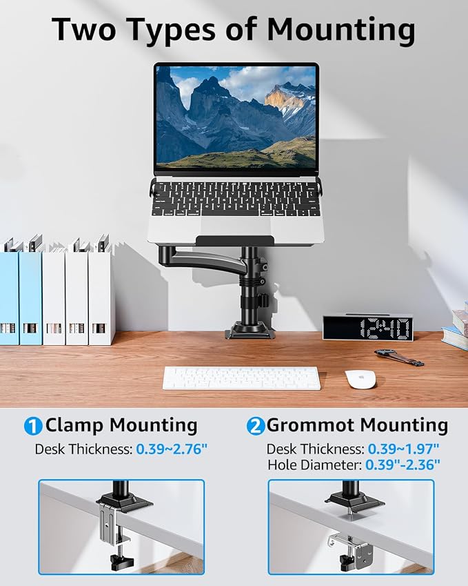 MOUNTUP Laptop Desk Mount, Adjustable Laptop Stand for max 17" Notebook or 32" Monitor, Laptops Arm Mount for Desk Holds 4.4-22lbs, Tall Laptops Stand with Clamp/Grommet