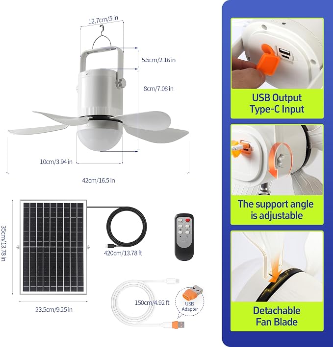 Solar Ceiling Fan with Light, 10800mAh Rechargeable Battery & 15W Solar Panel, DC Brushless Quiet Fan, RF Remote Control, for Gazebo, Patio, Camping Tent, Garage, RV, Emergency Use