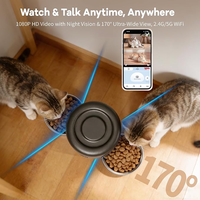 Automatic Cat Feeder with Camera, 5.2L Smart Cat Food Dispenser for Multi-Pet Homes, 170° Wide Angle Night Vision Auto Cat Feeder for Cats and Dogs, 5G WiFi App Remote Control for Busy Families, Black