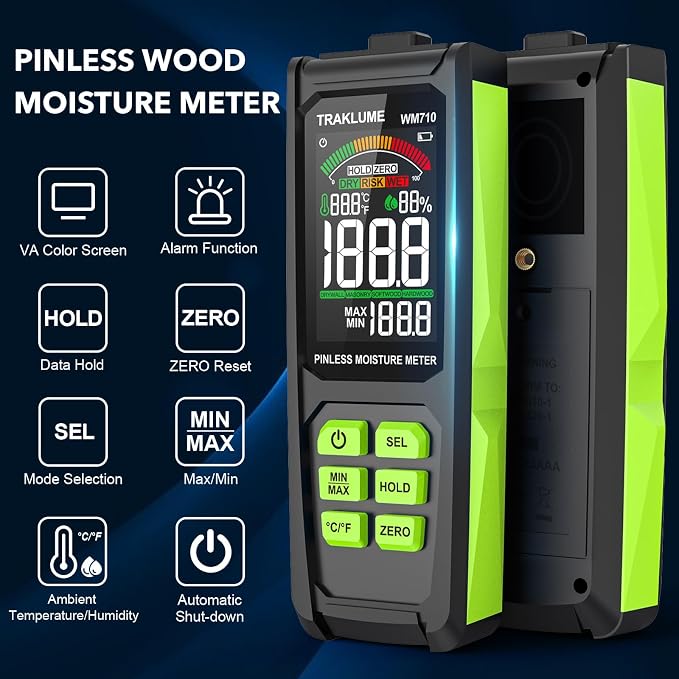 Wood Moisture Meter for Lumber Pinless Moisture Tester for Drywall with Colorful Screen Moisture Reader for House Firewood Moisture Detector for Walls Moisture Sensor for Wood Wall Water Leak Detector