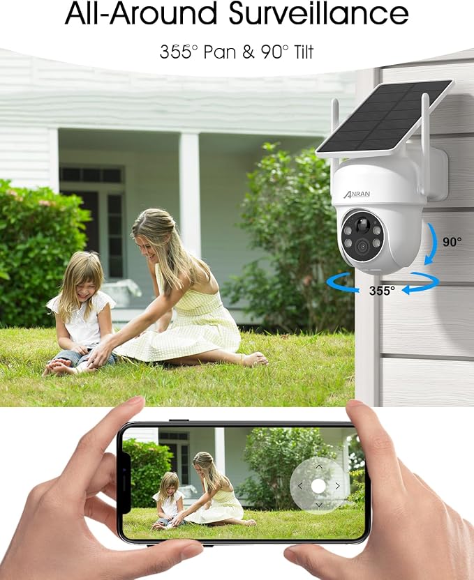 ANRAN Solar Security Cameras Wireless Outdoor,2K Cameras for Home Security with Fixed Solar Panel, 360° PTZ for Home Surveillance,2.4G WiFi, PIR Human Detection, 3MP Color Night Vision, 2-Way Talk