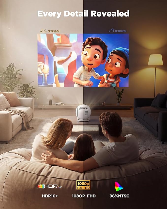 [ Ultra Short Throw & Built-in Apps ] Android 14 Smart Projector with WiFi and Bluetooth, 1080P FHD HDR10, Auto Focus/Keystone, Mini Portable Projector Support Power Bank for Bedroom/Outdoor, White