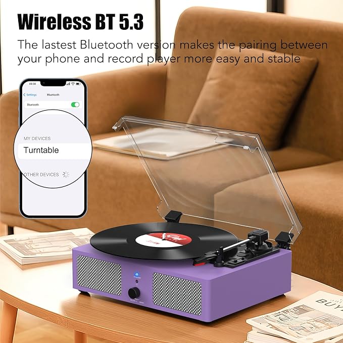 Vinyl Record Player with Built-in Speakers and USB,Belt-Driven Bluetooth Turntable with 3 Speed AUX Input Headphone Jack and RCA Output Vintage Wooden Purple