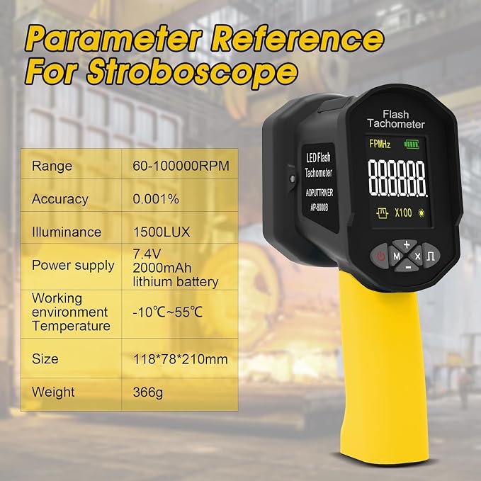 Digital Handheld Stroboscope Measuring 60-100000 RPM/Hz,0.001% Accuracy Non-Contact LED Tachometer Adjustable Strobe Light Timing Engine Speed Analyzer 1500LUX RPM Meter