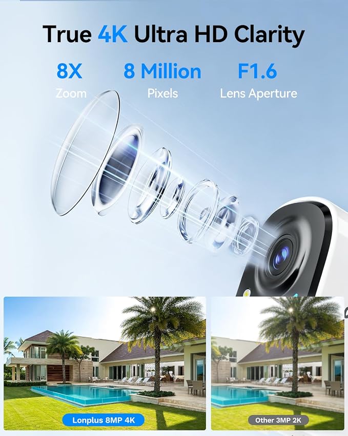LongPlus 2026 Updated 8MP Security Cameras Wireless Outdoor, Battery Cameras for Home Security, Wireless Security Camera with Color Night Vision, AI Motion Detection, Spotlight, AOV, SD/Cloud Storage
