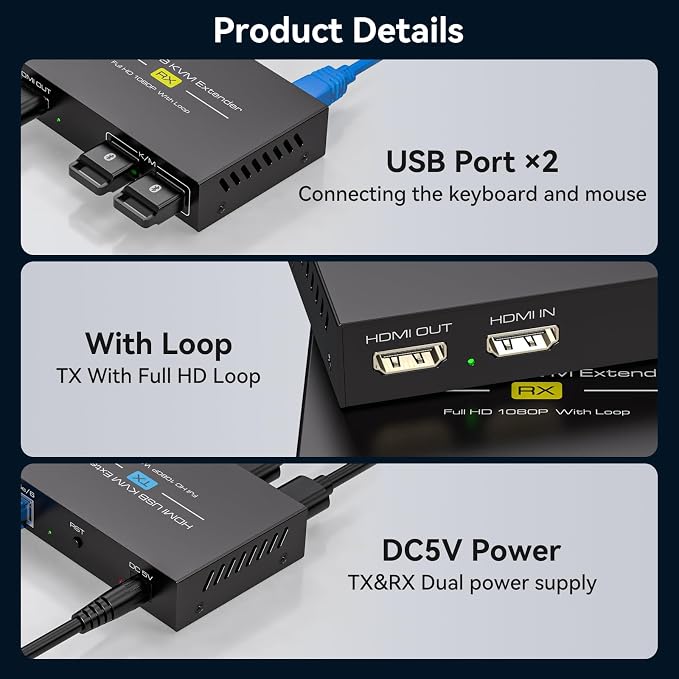 VPFET HDMI KVM USB Extender 394ft 120M Over Cat 5e 6 7 1080P Ethernet Balun Transmitter Receiver with Loop Out Function Plug Play for Mouse and Keyboard Control
