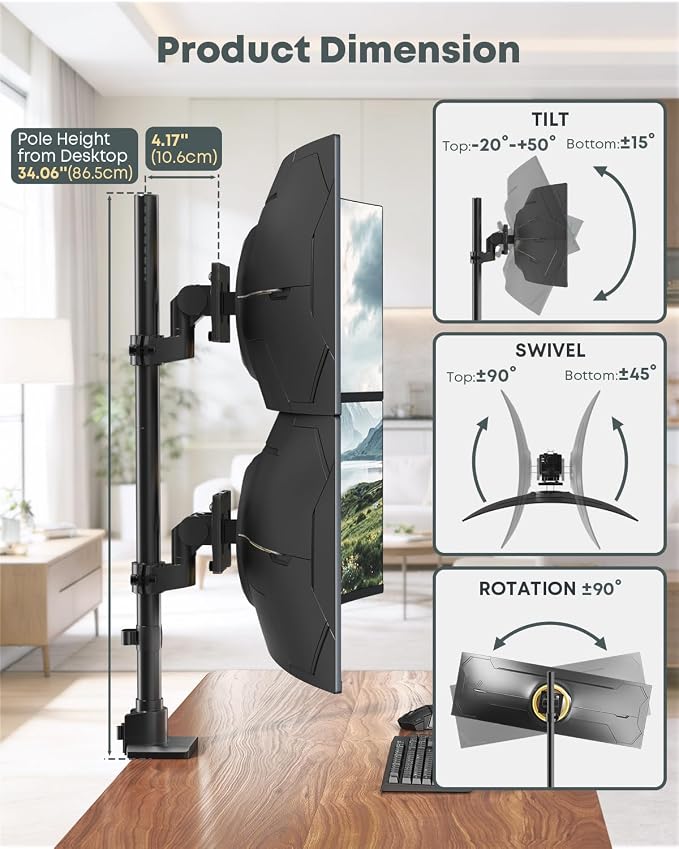 Dual Monitor-Arm Ultrawide Heavy Duty - 24-57 inch Vertical Dual Monitor Mount, Adjustable Stacked Double Monitor Desk Mount Stand, Max Load 59.4 lbs (per Arm), VESA 75/100 mm, Black