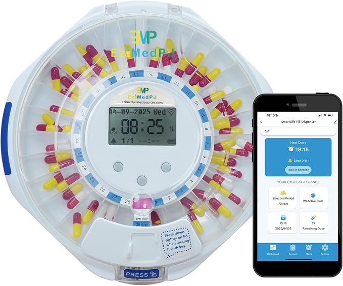 EziMedPil WiFi Automatic Pill Dispenser with Caregiver Alerts for Seniors | Real-time Caregiver App Monitoring & Adherence History Tracking, 28-Day Organizer with Sound-Light Reminders & Up to 9 Doses