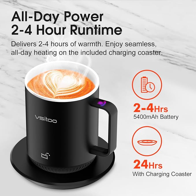 Vsitoo S3 12oz Heated Espresso Mug, Smart Self Heating Coffee Mug for Espresso Lovers, AI Auto-Sensing Temperature Control 120-150℉, Rechargeable Mug Warmer, 316 SS IPX7, Gift for Women Men, White