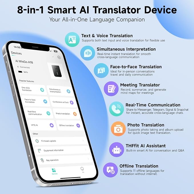 AI Language Translator, HFfit AI Assistant, 136 Online & 11 Offline Languages, Real-Time Voice & Photo Translation, Meeting Recorder, APP Control for Travel, Business & Learning