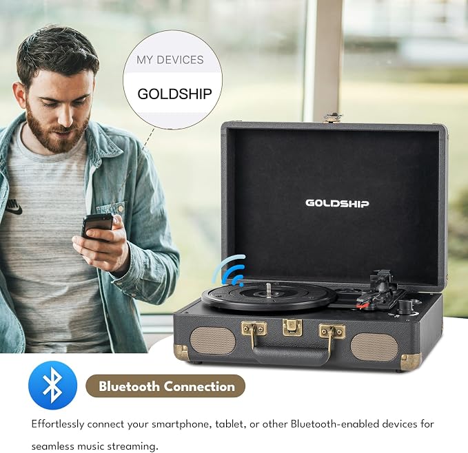 Vinyl Record Player 3-Speed Bluetooth Portable Turntable with USB Playback, Rechargeable Battery, Retro Suitcase Design, Aux in/RCA Line Out & Headphone Jack