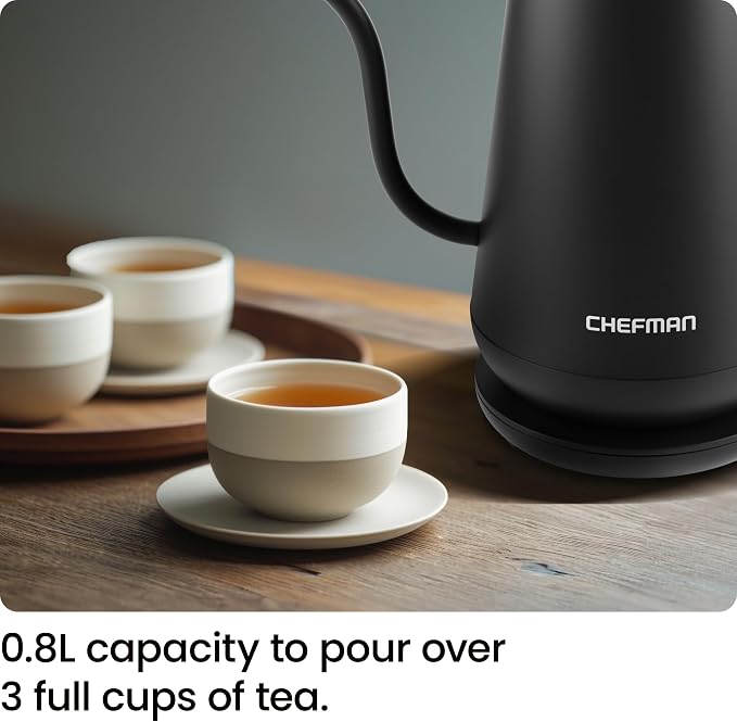 Chefman Gooseneck Electric Kettle, 0.8L Pour Over Tea Kettle for Coffee and Tea, One-Touch Operation, Boil-Dry Protection, Auto Shut-Off, Ultra-Fast Hot Water Boiler – Black