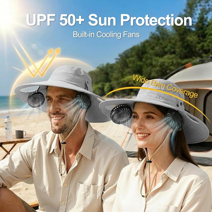 Sun Hat with Fan for Men & Women, Bucket Hat with Fan, UPF 50+ Cooling Hat with Sunblock Sleeves for Fishing,Hiking
