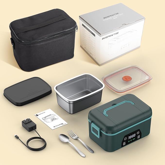 Cordless Heated Lunch Box, Smart Timer Automatic Heating Food Warmer for Adults, 5.5-Cup Portable Electric Lunch Container with Handheld Insulated Bag（Dark Blue）