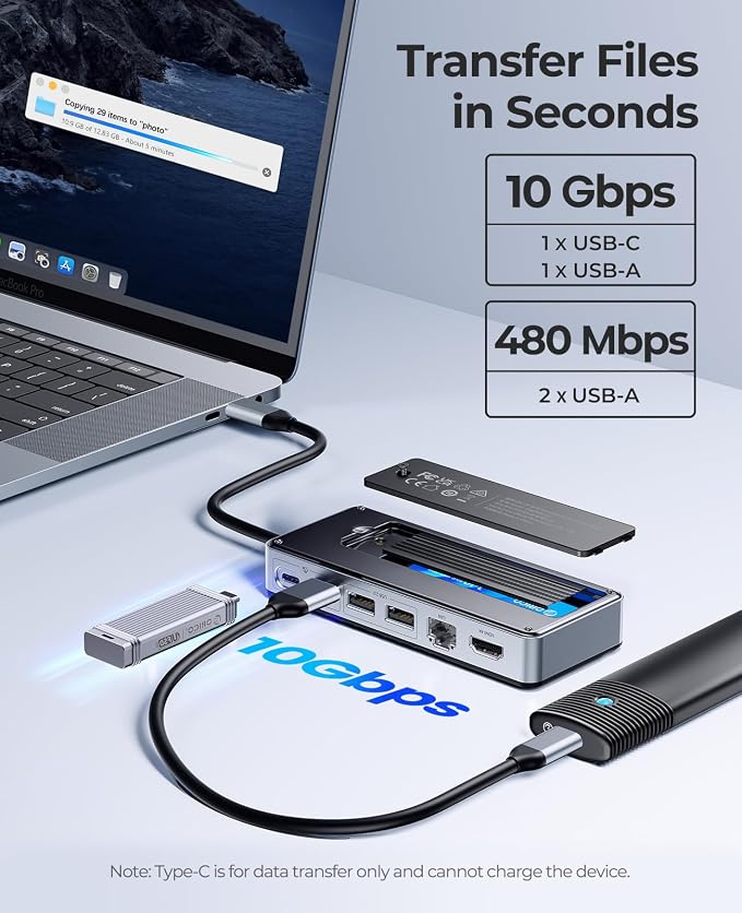 ORICO 8-in-1 USB C Docking Station with M.2 SSD Enclosure, USB-C Hub Fits M.2 NVMe/SATA SSD, 10Gbps, 4K@60Hz HDMI, 100W PD, Ethernet