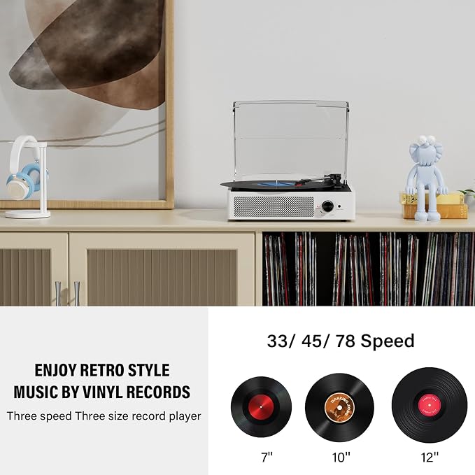 Record Player with Speakers Vintage Belt-Driven Turntable Bluetooth 3 Speed 3 Size Wireless Playback AUX-in RCA Out Headphone LP Vinyl Players Auto Stop Fashion White
