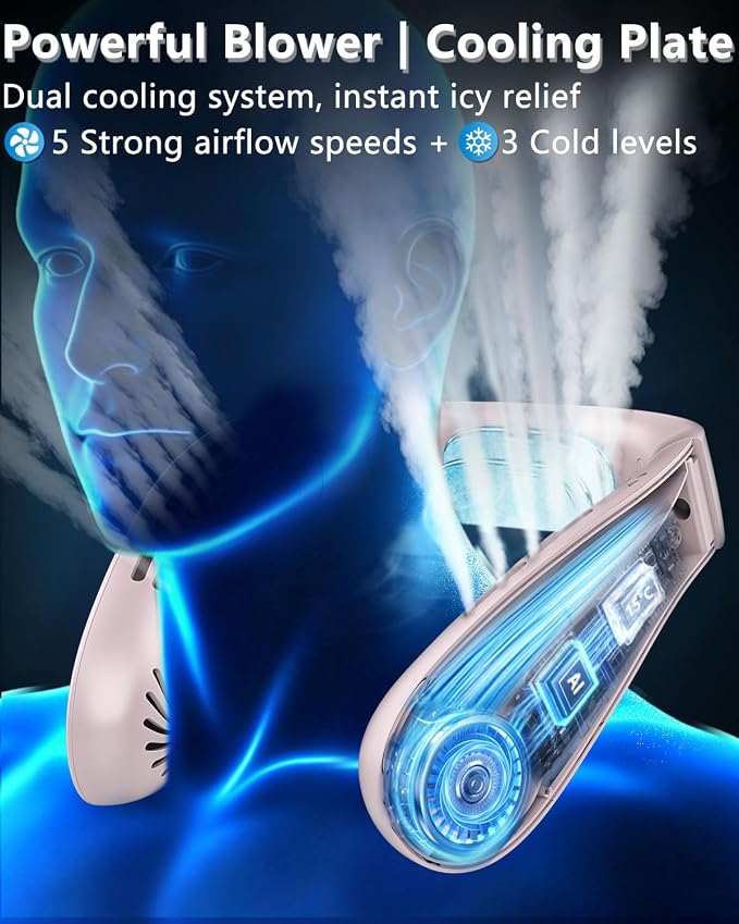 FWV Neck Fans with Cooling Plate, Silent 30dB, 3-24H Battery, 5500mAh USB-C Rechargeable, 5-Speed Neck Air Conditioner, LED Display Wearable Bladeless Personal Fan for Kid Adult Girl Light Purple