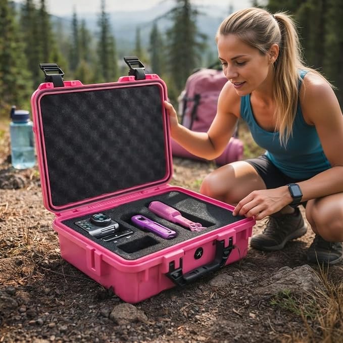Relaxweex 1 Pcs 16.3 x 6.5 x 3.7 Inch Waterproof Hard Case with DIY Customizable Foam Insert Portable Protective Case with Knife for Camera Drones Equipments Tools Test Instruments(Rose Red)