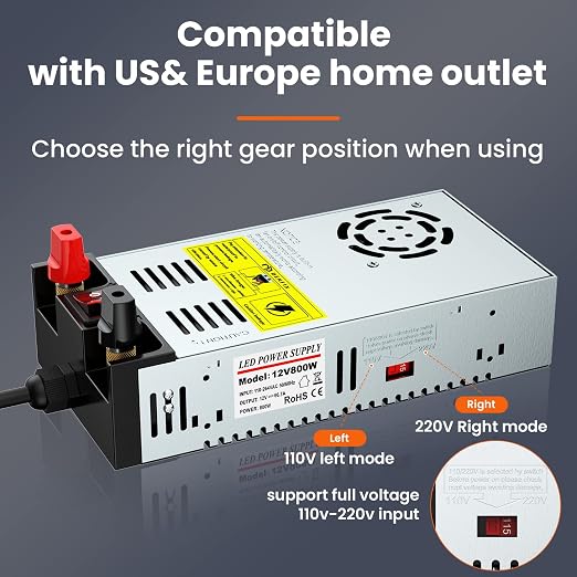 Denfix Upgraded 110V to 12V Converter ,New Version with On/Off Switch, AC to DC Power Supply Max 50A 600W
