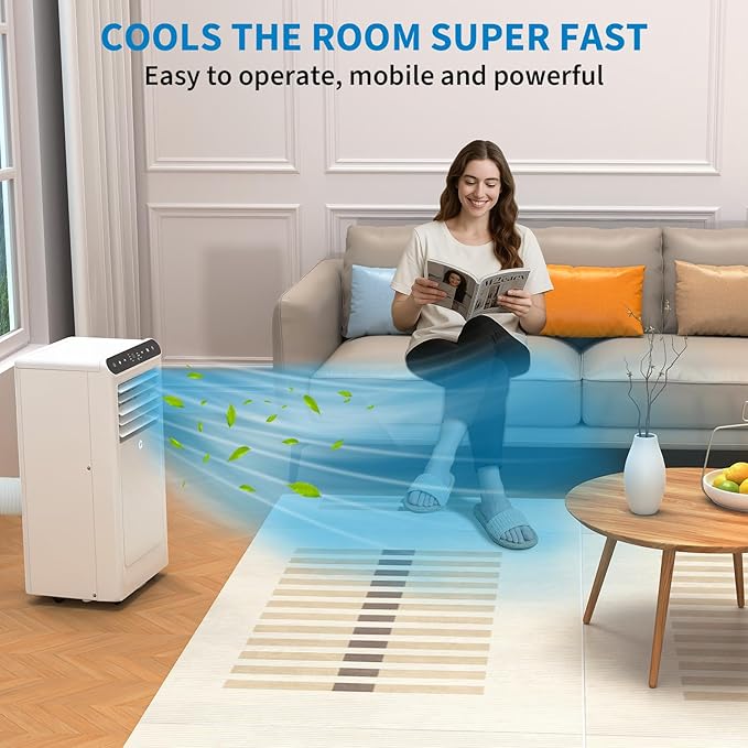 8000 BTU Portable Air Conditioner, Cools Up to 350 Sq.ft. Quiet AC Unit with Remote, 3-in-1 Dehumidifier Fan Sleep Mode 24H Timer, Easy Install Window Kit, for Home,White+Black Panel