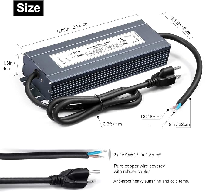 LLTOP 48v DC Power Supply 300w 6.25A Waterproof AC110v/120v to 48vdc Converter Constant Voltage Outdoor Transformer for Pump Humidifier LED Lights