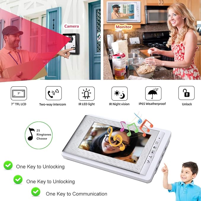 Wired Video Intercom Doorbell System 7 Inches LCD Monitor Video Door Phone Kits Support Monitoring,Unlock,Dual-Way Door Intercom for Villa Apartment Home Security Systems Indoor Outdoor