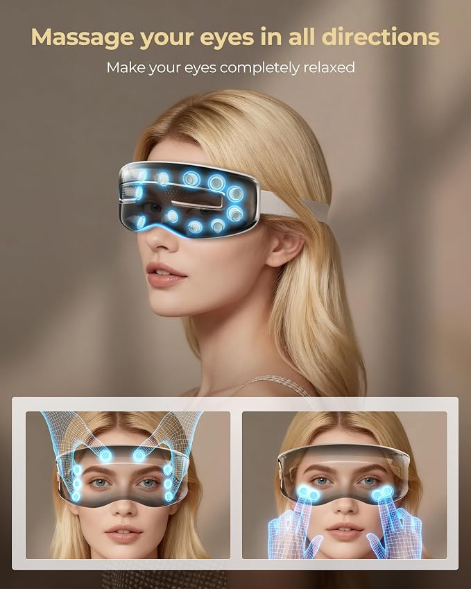 Eye Massager with Heat and Cooling, Integrated Smart Sleep Mask with Nose Rest and Soft Silicone Massage Head, 4 Massage Modes for Migraines, Dry Eye, Dark Circles,Bluetooth Music, Gift for Mother