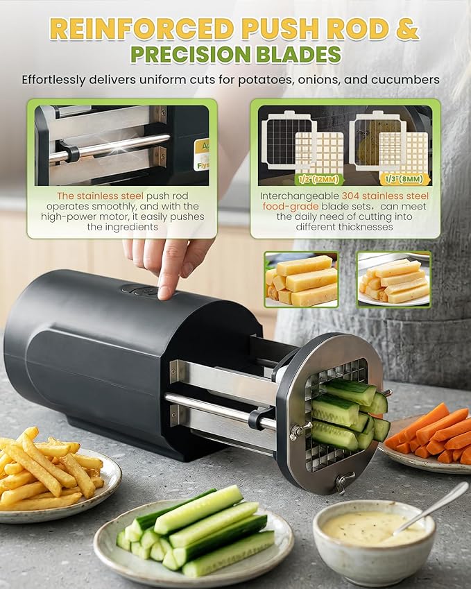 Electric French Fry Cutter with 1/2&3/8 Inch Stainless Steel Blades Professional Potato Cutter's Custom Tray, Automatic Efficient Vegetable Dicer for Carrots, Zucchini, Apples&Onions (Black)