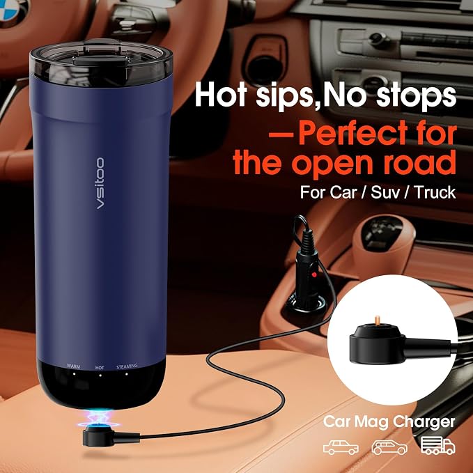 Vsitoo S5 Self Heating Travel Mug 16oz, Rechargeable Coffee Mug with Car Charger Kit, AI Auto-Sensing Temp Control Heated Cup for Home Office Car, App Control, Gift Women Men - Blue