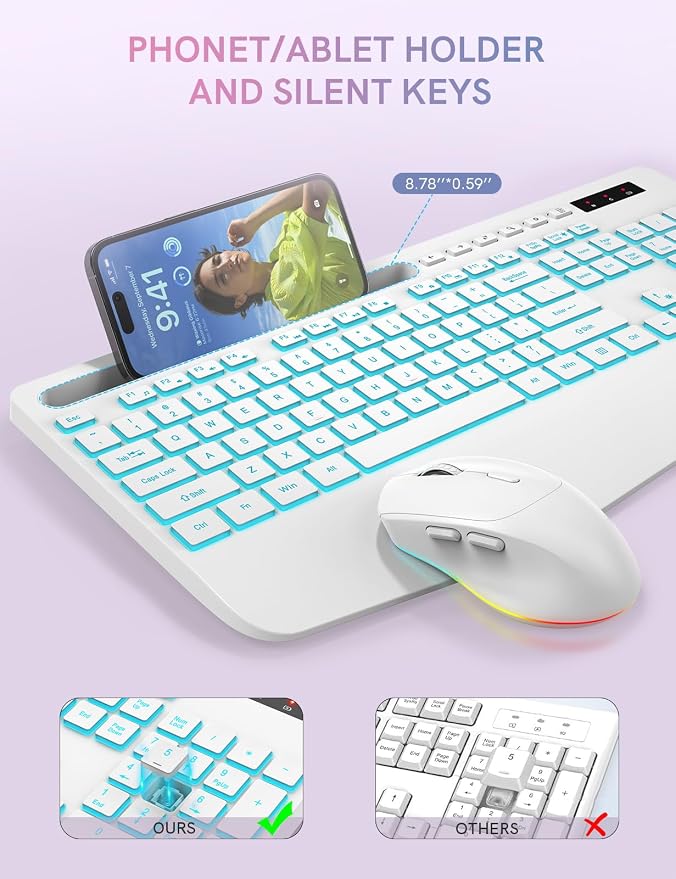 Trueque Wireless Keyboard and Mouse Combo, 4000mAh Rechargeable Backlit Keyboard with Wrist Rest & Phone Holder, Full Size Quiet Typing 2.4G USB-A/Type-C for PC Laptop Windows Mac (Cloud White)